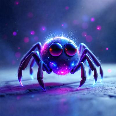 The primary subject of the image is a purple spider with glowing eyes. The setting is a dark room, and the visual style is digital art. The colors and mood of the image are predominantly purple and pink, giving it a whimsical and playful appearance.